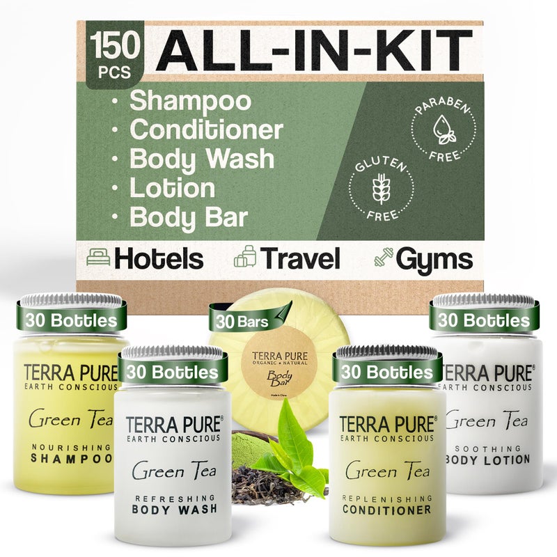Terra Pure Terra Pure Hotel Soaps  Toiletries Bulk Set  1Shoppe Amenities Kit  1oz Shampoo  Conditioner Body Wash Lotion 125oz Bar Soap  Travel Size  150 Pieces