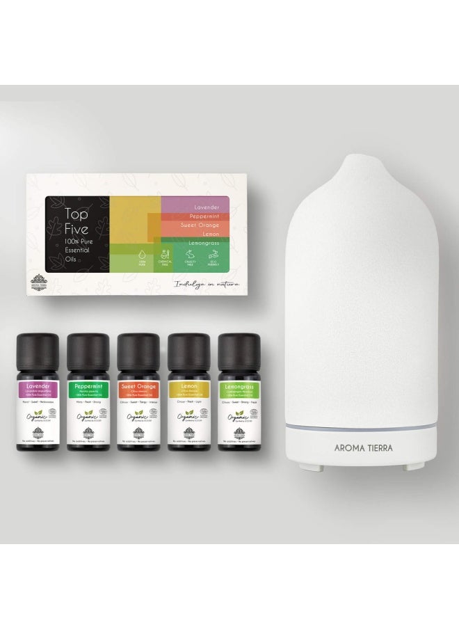 Aroma Tierra - Gift Set - Santorini Ceramic Diffuser Dawn & Top 5 Essential Oils - Image 1