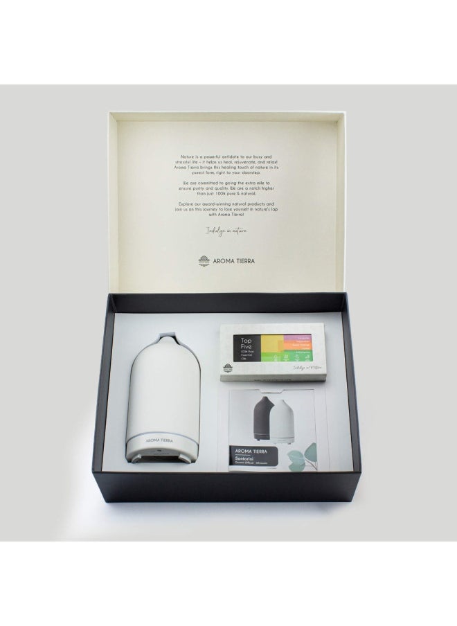 Aroma Tierra - Gift Set - Santorini Ceramic Diffuser Dawn & Top 5 Essential Oils - Image 1