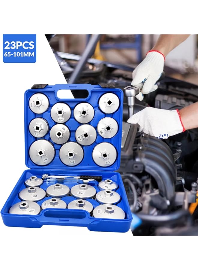 23Pcs Aluminum Alloy Cup Type Oil Filter Cap Wrench Socket Removal Tool Set - Universal Cap Removal Toolkit, 65-101Mm Sizes - Automotive Maintenance Essentials,Wrench Socket Set, Socket Kit,  - Image 2
