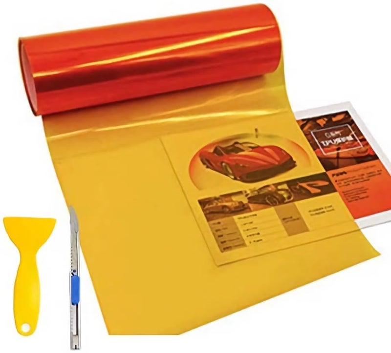KOMAS 12â€ X 48â€ Tint Vinyl Film Sticker Sheet Roll for Car Headlight, Tail Lights, Fog Lights with Squeegee + Cutter (Glossy Orange)