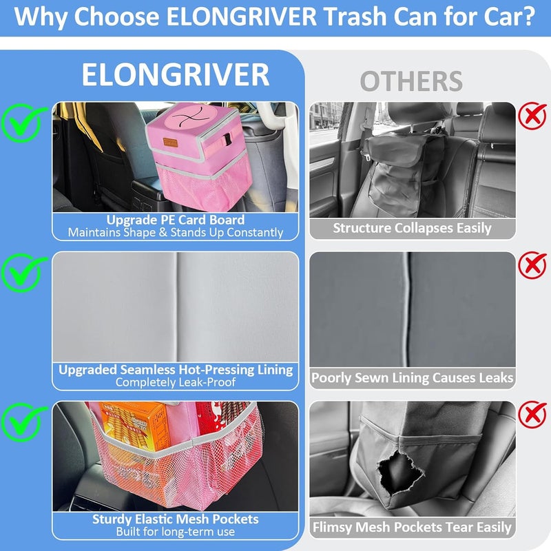 سلة مهملات السيارة من ELONGRIVER لسيارات الدفع الرباعي والشاحنات والفانات - وردي، سعة 2 جالون، بطانة مقاومة للتسرب، مشابك عملية، تصميم لطيف - Image 5
