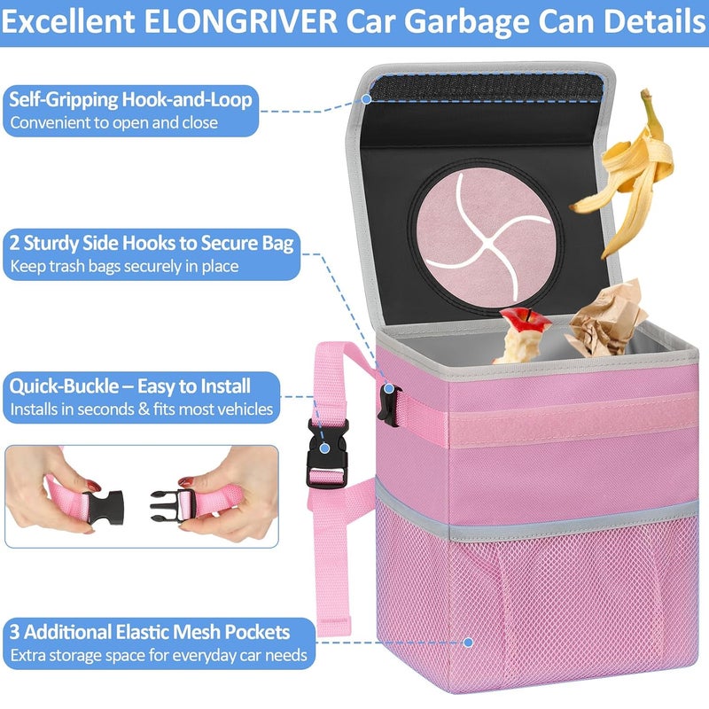 سلة مهملات السيارة من ELONGRIVER لسيارات الدفع الرباعي والشاحنات والفانات - وردي، سعة 2 جالون، بطانة مقاومة للتسرب، مشابك عملية، تصميم لطيف - Image 4