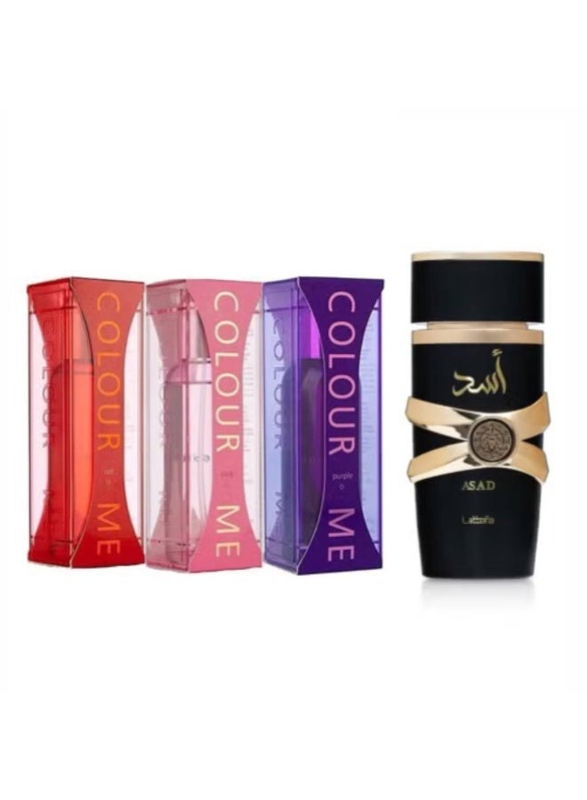 كولور مي مجموعة عطور كولور مي - 4 عطور (لطفة أسد، وردي، أحمر، بنفسجي) - 100 مل لكل عطر، إجمالي 400 مل - Image 1