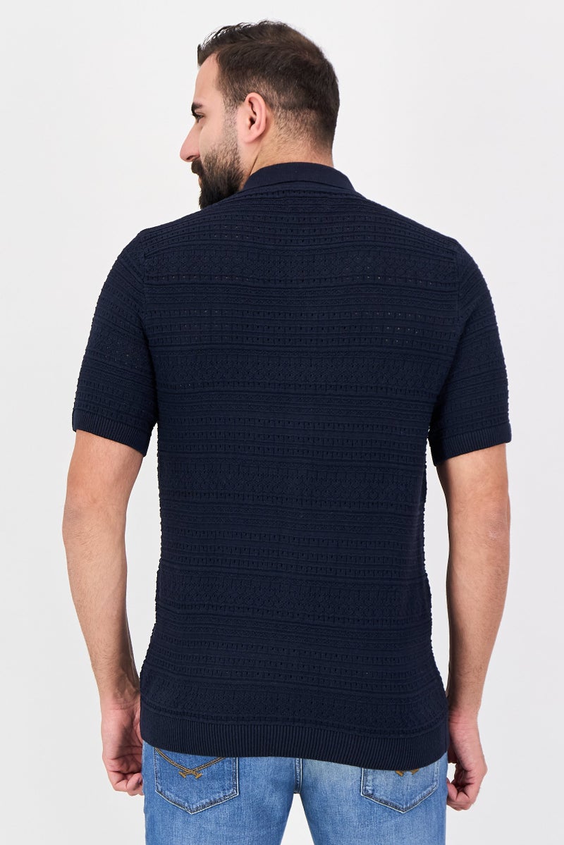 Threadbare Men Regular Fit Short Sleeves Solid Knitted Shirt, Navy - Image 3