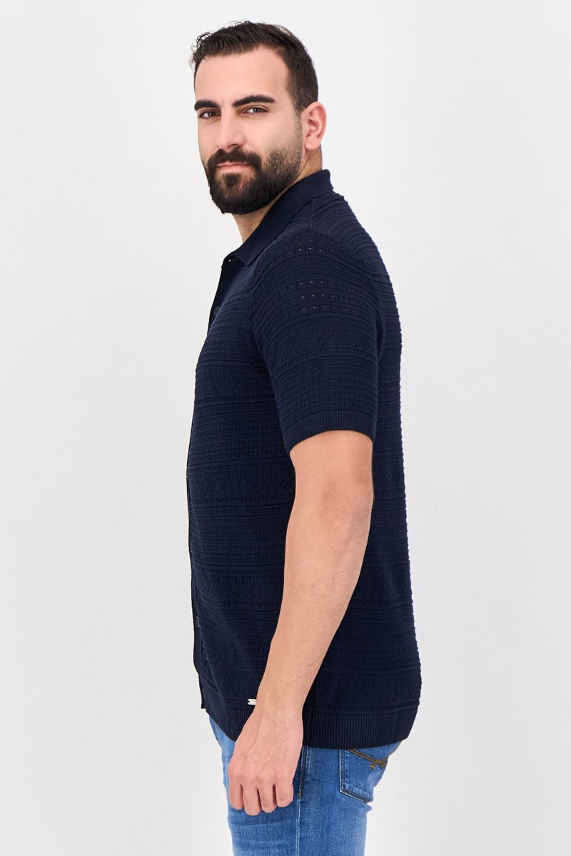 Threadbare Men Regular Fit Short Sleeves Solid Knitted Shirt, Navy - Image 2