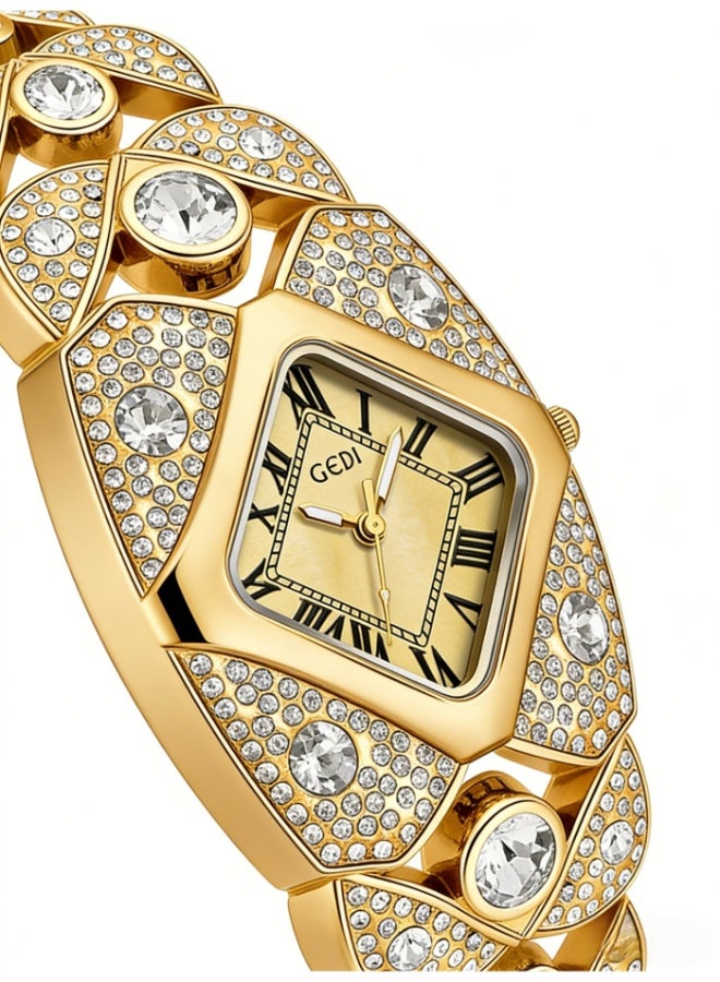 GEDI Luxury Gold Crystal Watch for Women | Gold-Tone Stainless Steel Bracelet, Gold Dial, Roman Numerals | Perfect Gift for Birthday, Anniversary & Special Occasions in Saudi Arabia - Image 2