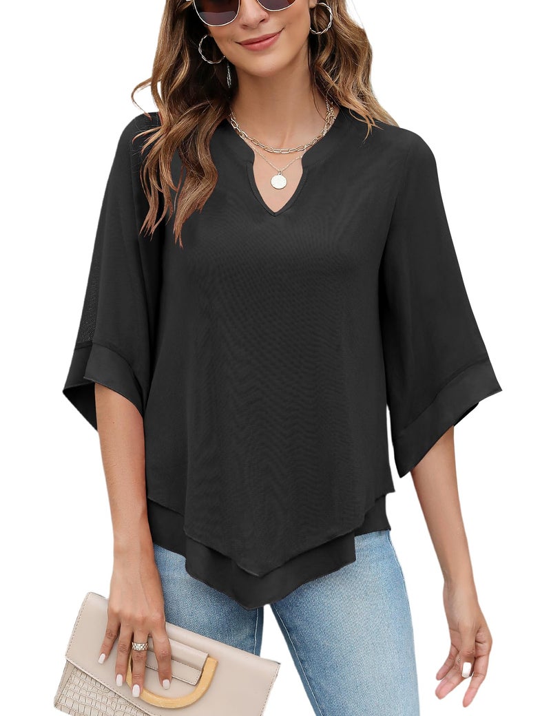 Micoson 3/4 Length Sleeve Womens Tops Dressy Casual Chiffon Black Blouses Double Layers Summer Shirts L - Image 1