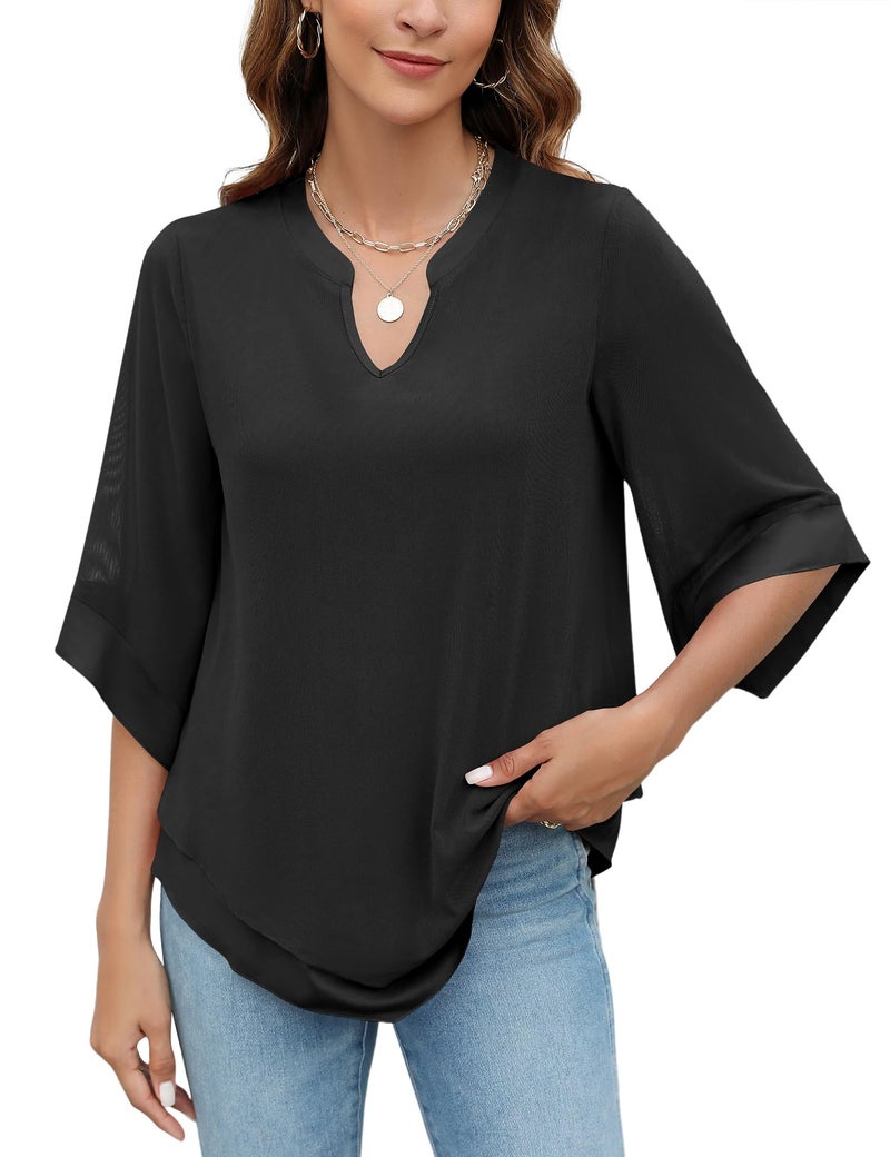 Micoson 3/4 Length Sleeve Womens Tops Dressy Casual Chiffon Black Blouses Double Layers Summer Shirts L - Image 4