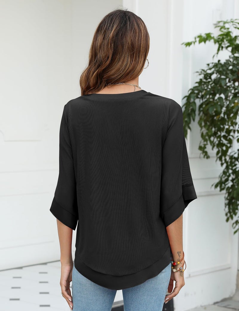 Micoson 3/4 Length Sleeve Womens Tops Dressy Casual Chiffon Black Blouses Double Layers Summer Shirts L - Image 5