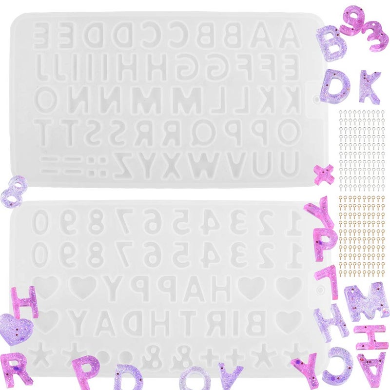 Tomorotec Small DIY Silicone Resin Mold for Letters Number Alphabet Jewelry Keychain Casting Mold with 200 pcs Screw Eye Pins