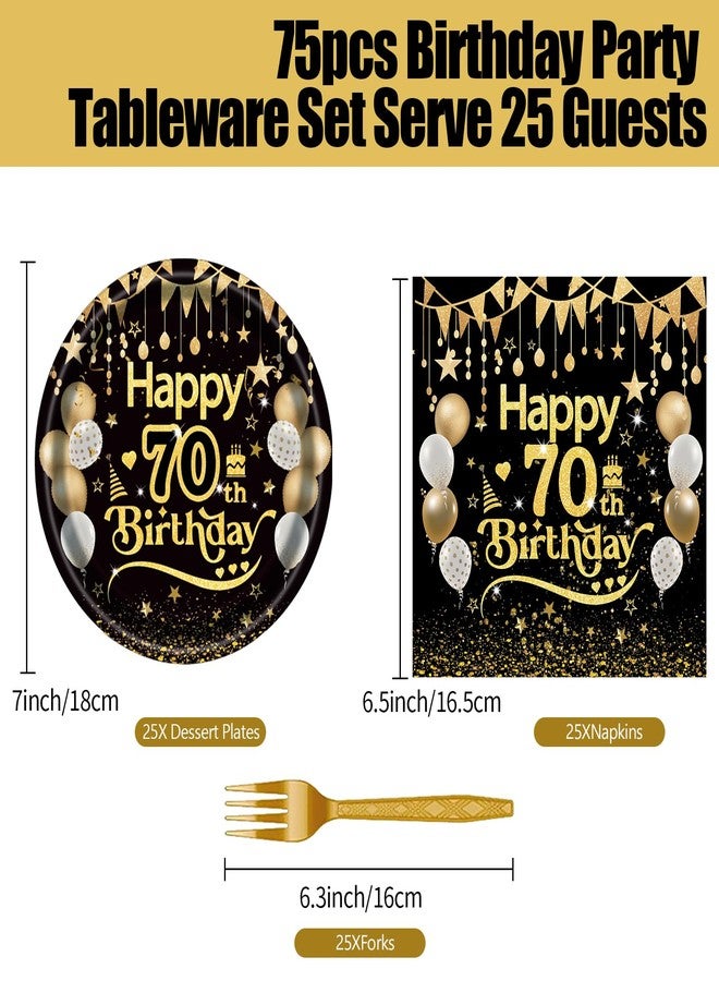 BOKFJBP طقم 75 قطعة من أطباق ومناديل عيد الميلاد السبعين، باللونين الأسود والذهبي، مناسب للبالغين. يتضمن الطقم 25 طبقًا للاستخدام مرة واحدة مقاس 7 بوصات، و25 منديلًا للكوكتيل مقاس 6.5 بوصات، و25 شوكة. احتفلوا بعام 1955! مناسب للرجال والنساء في حفلات أعياد الميلاد. يكفي لـ 25 شخصًا. - Image 2