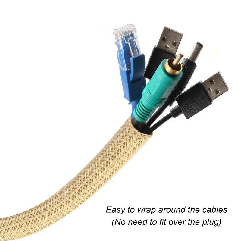 CrocSee 25ft - 1/2 inch Braided Cable Management Sleeve Cord Protector - Self-Wrapping Split Wire Loom for TV/Computer/Home Theater/Engine Bay - Beige - Image 2