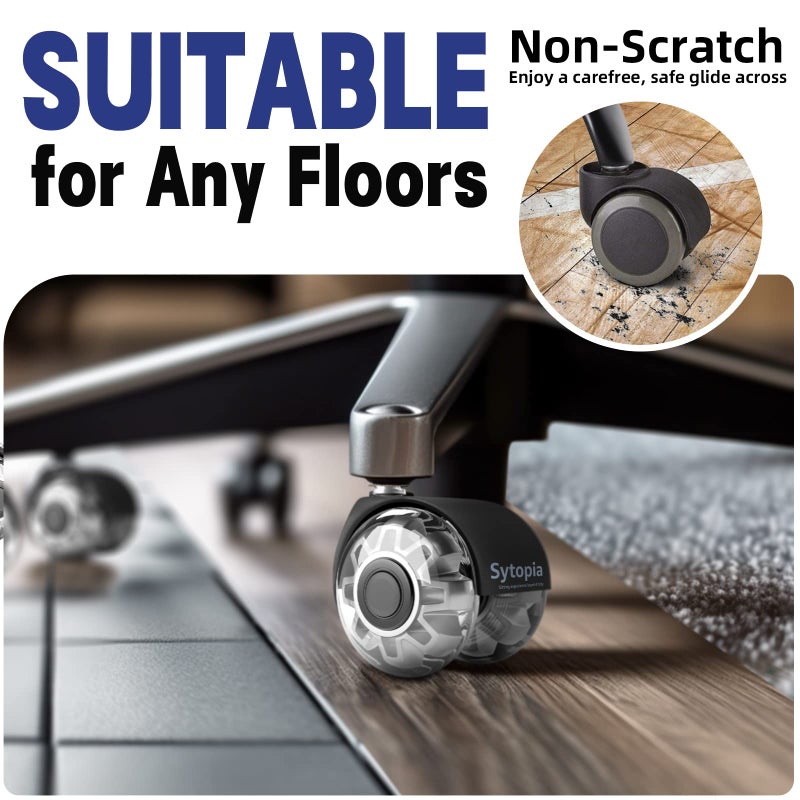 Sytopia Office Chair Wheels, 2 Inch Rubber Rollers, Heavy Duty, Safe for Hardwood Floors, Carpets, Mats, Universal Size 11x22mm, Smooth and Quiet, Black, Set of 5 - Image 2