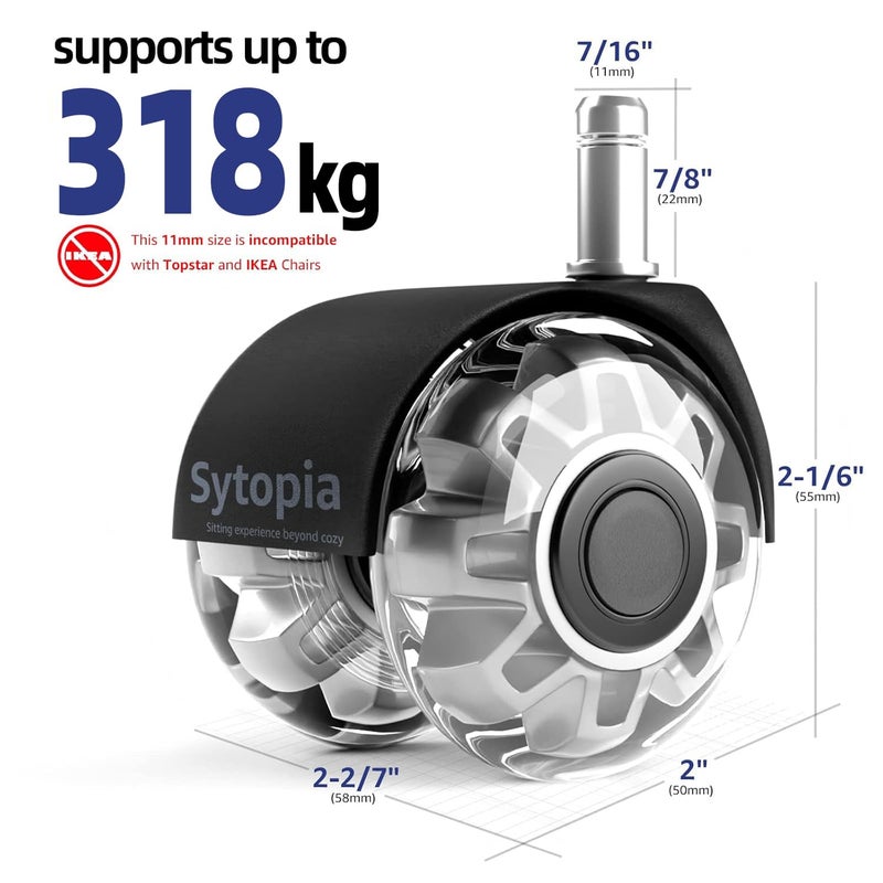 Sytopia Office Chair Wheels, 2 Inch Rubber Rollers, Heavy Duty, Safe for Hardwood Floors, Carpets, Mats, Universal Size 11x22mm, Smooth and Quiet, Black, Set of 5 - Image 3
