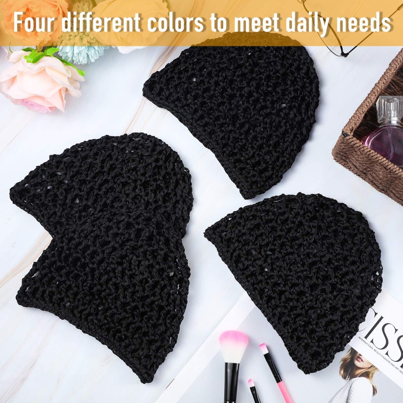 Geyoga 4 Pieces Mesh Crochet Hair Net Rayon Knit Snood Hat Thick Short Women Hairnet Snoods Cover Ornament for Sleeping (Black) - Image 4