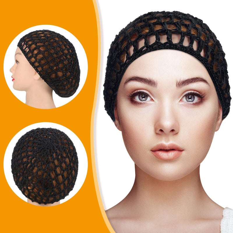 Geyoga 4 Pieces Mesh Crochet Hair Net Rayon Knit Snood Hat Thick Short Women Hairnet Snoods Cover Ornament for Sleeping (Black) - Image 2