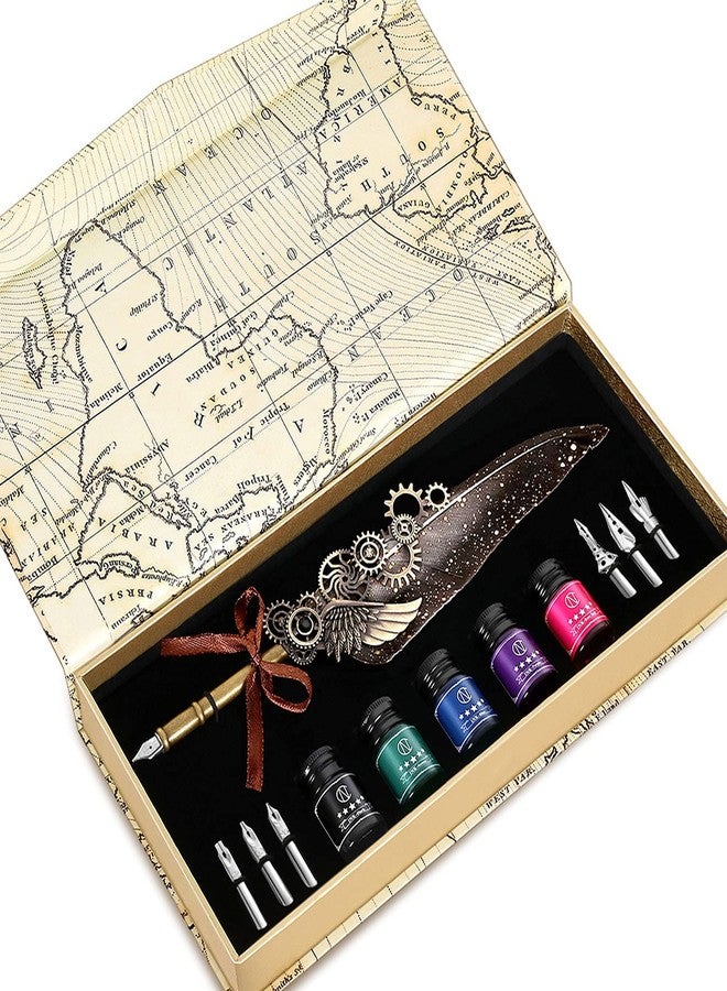 N.C NC Feather Quill Pen Set - Includes 5 Ink Bottles, 6 Nibs, Mechanical Quill Pen for Calligraphy, Writing Letters, Signing, Invitations Etc (Grey) - Image 1