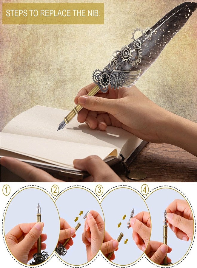 N.C NC Feather Quill Pen Set - Includes 5 Ink Bottles, 6 Nibs, Mechanical Quill Pen for Calligraphy, Writing Letters, Signing, Invitations Etc (Grey) - Image 4
