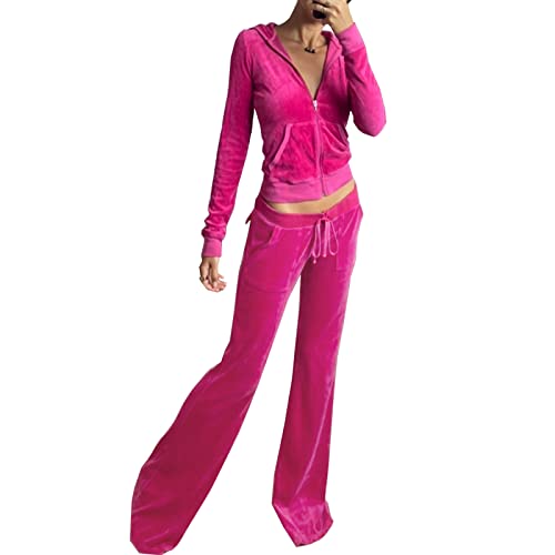 HBER Women's 2 Piece Velour Tracksuit Set Heart Print Long Sleeve Zipper Hoodie Cropped Jacket and Sweatpants Y2K Sweatsuit Set (B-Pink, Small) - Image 1