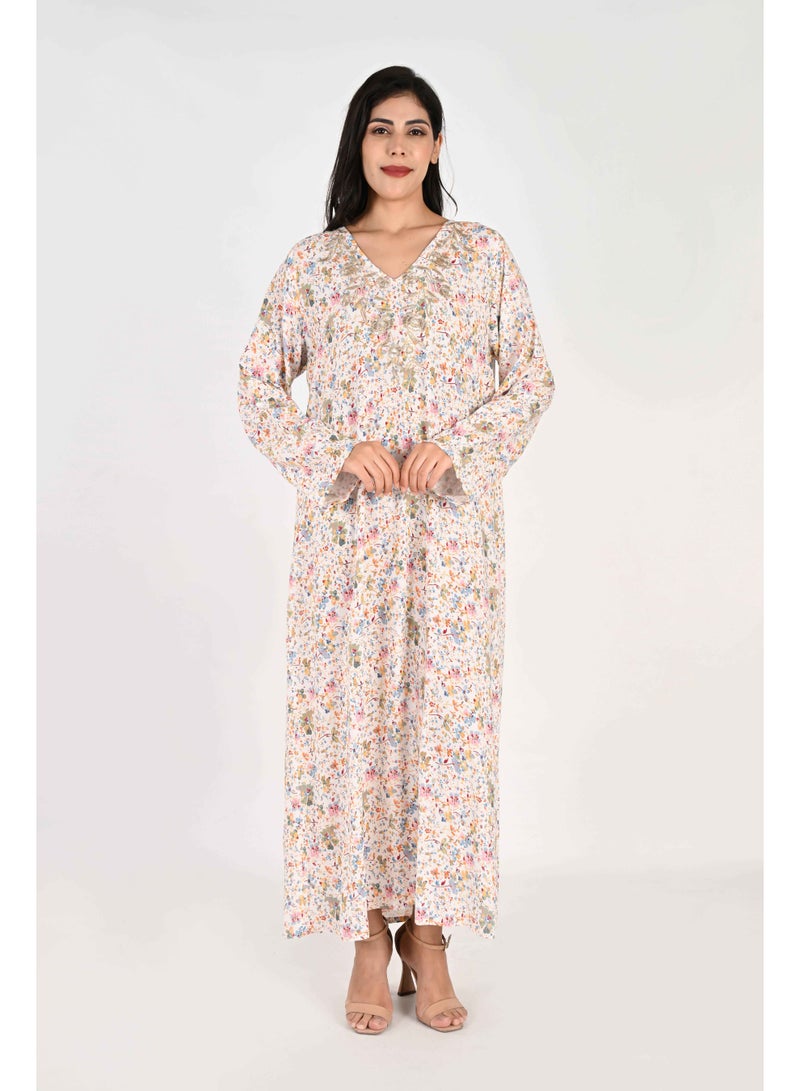 Linelle Ladies Jalabiya – White Base with Multicoloured Florals and Embroidered - Image 1