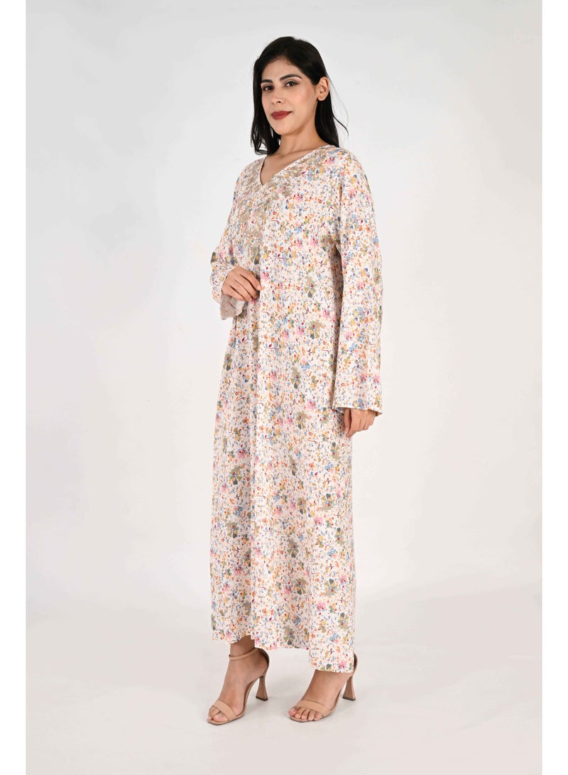 Linelle Ladies Jalabiya – White Base with Multicoloured Florals and Embroidered - Image 4