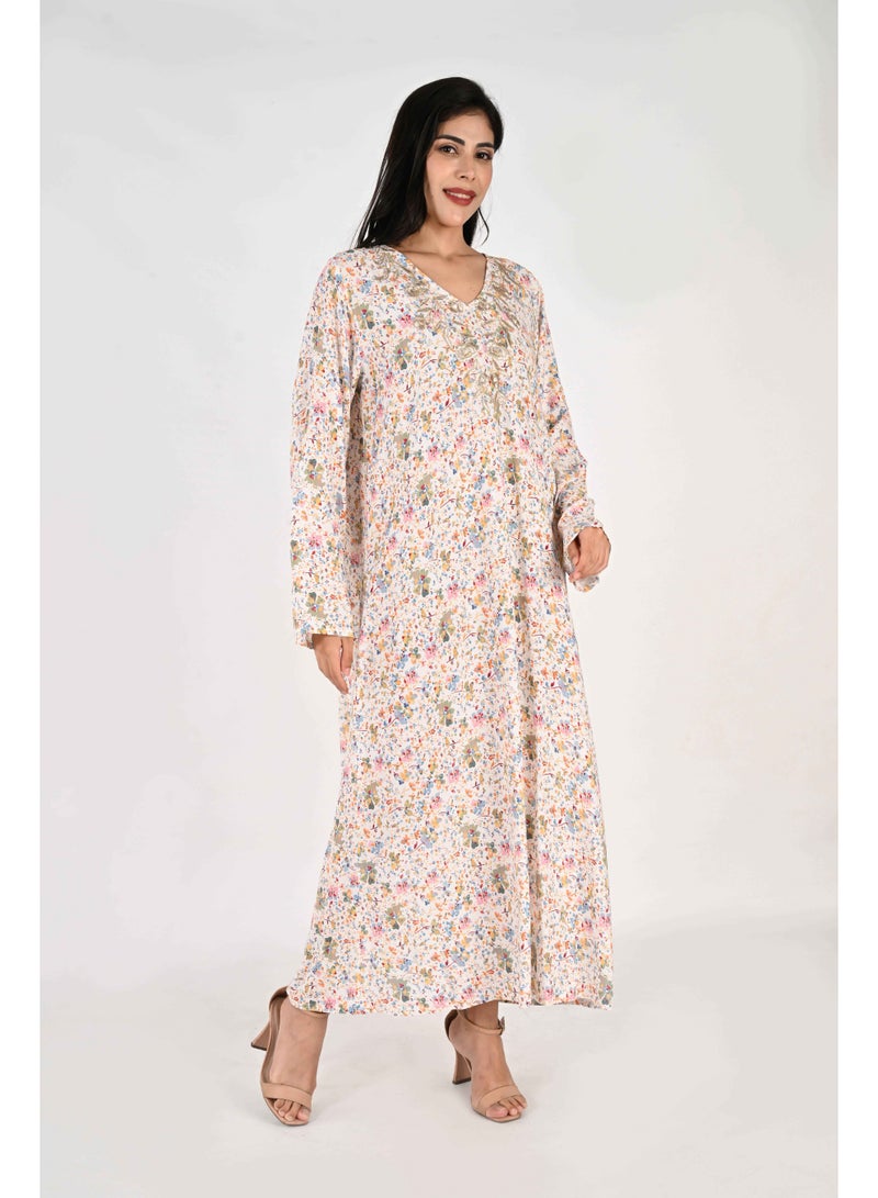 Linelle Ladies Jalabiya – White Base with Multicoloured Florals and Embroidered - Image 3