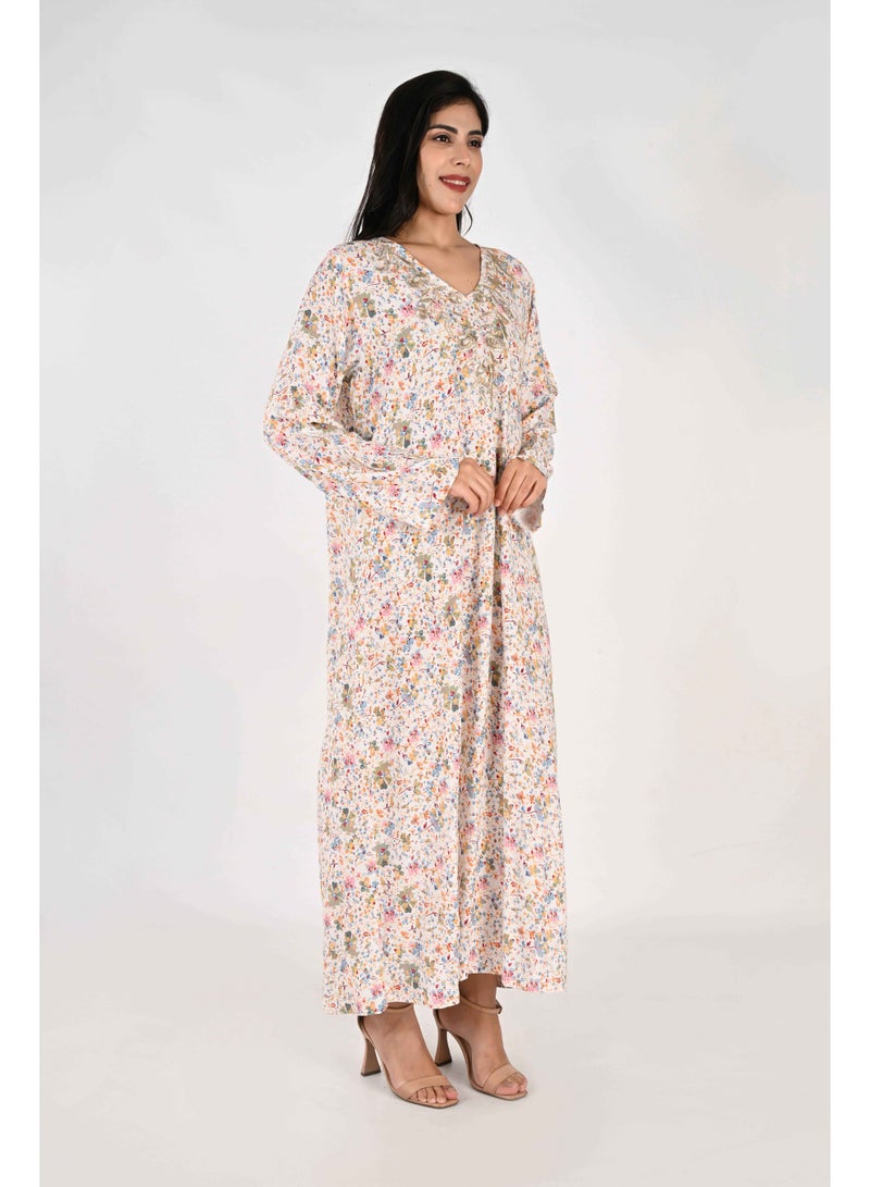Linelle Ladies Jalabiya – White Base with Multicoloured Florals and Embroidered - Image 2
