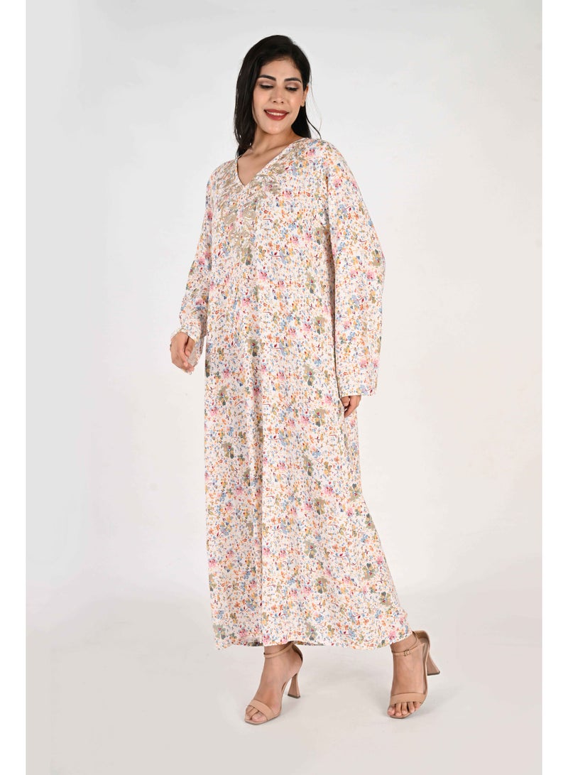 Linelle Ladies Jalabiya – White Base with Multicoloured Florals and Embroidered - Image 5