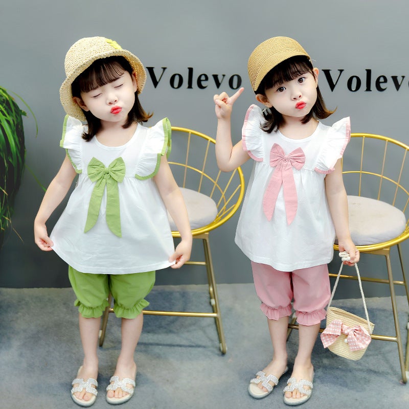 Stylish Internet Celebrity Lotus Leaf Sleeve Short Sleeve Children's Clothing Girls' Summer Suit Summer Cool Summer Loose Fashionable Thin - Image 3