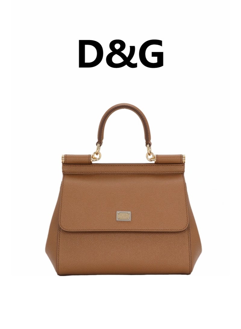 D&G Dolce&Gabbana Sicily East West Smooth Leather Top Handbag, Women's Handbag, Women's Shoulder Bag, Women's Crossbody Bag, Women's Travel Bag, Brown Plain weave - Image 1