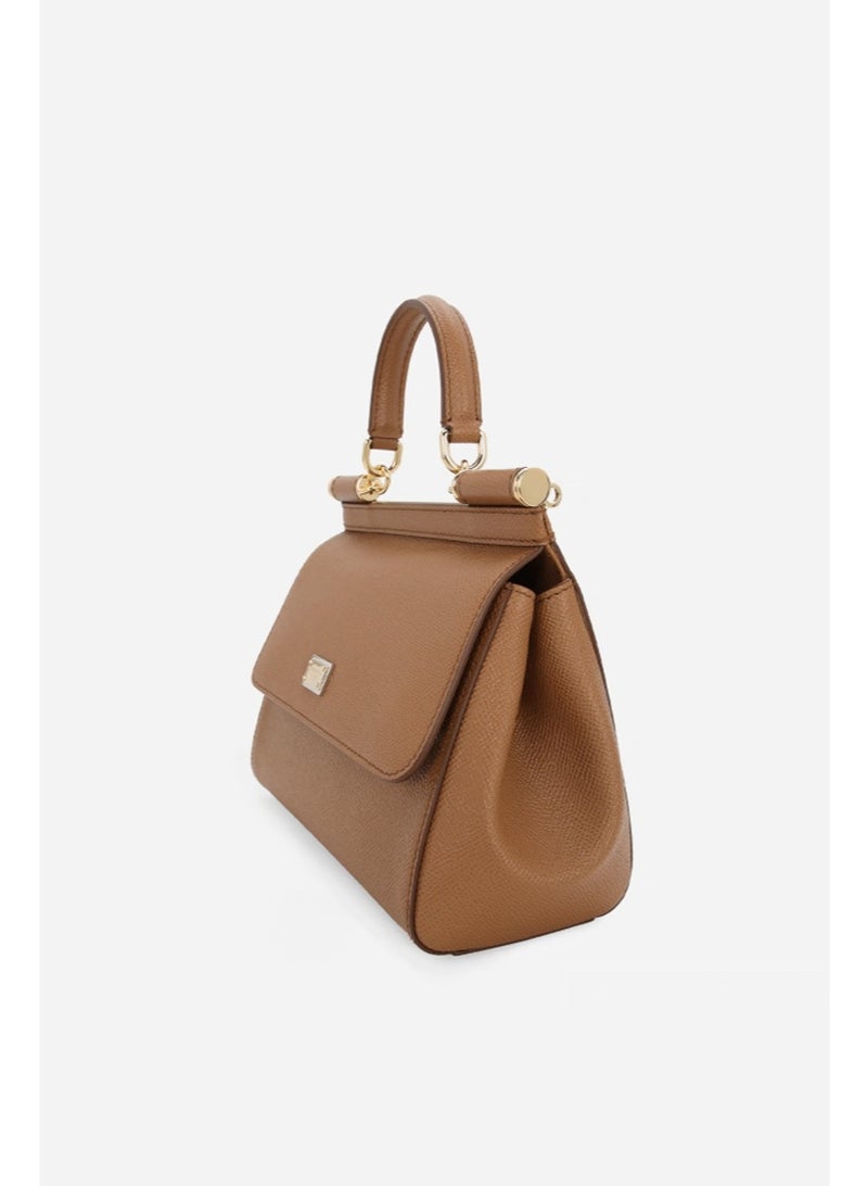 D&G Dolce&Gabbana Sicily East West Smooth Leather Top Handbag, Women's Handbag, Women's Shoulder Bag, Women's Crossbody Bag, Women's Travel Bag, Brown Plain weave - Image 3