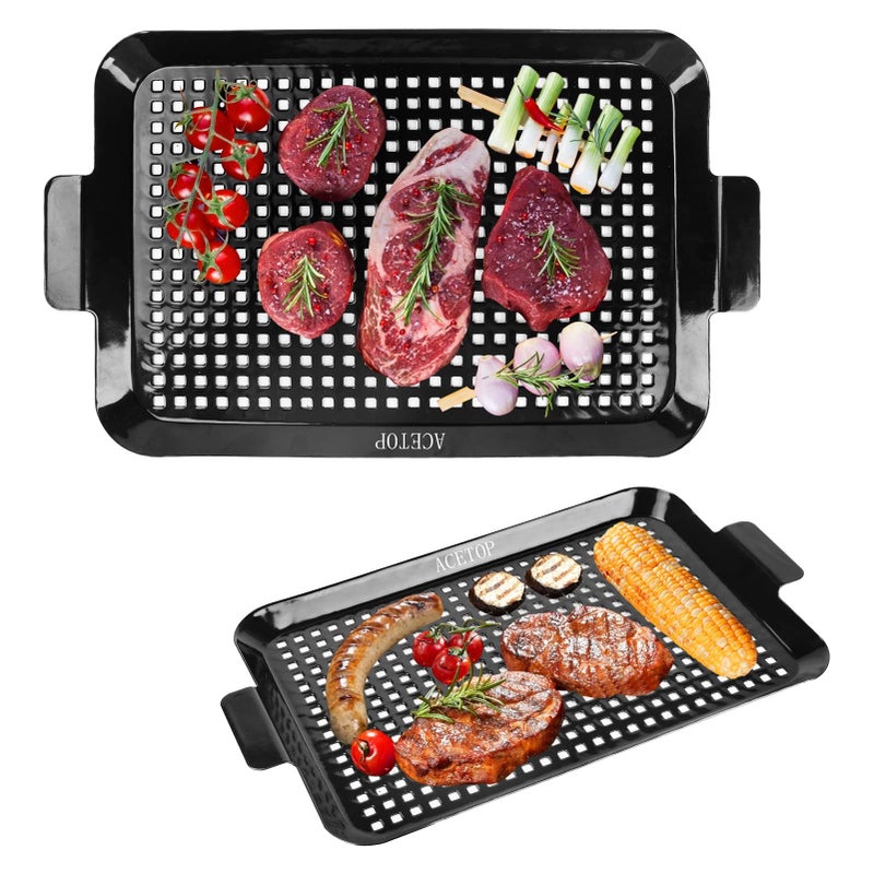 ACETOP 2PCS Grill Topper Pans BBQ ACETOP Nonstick Barbecue Grilling Baskets Outdoor Stainless Steel BBQ Grill Tray with Perforated Bottom for Indoor Camping Chicken Drumsticks Vegetable Shrimp Meat 