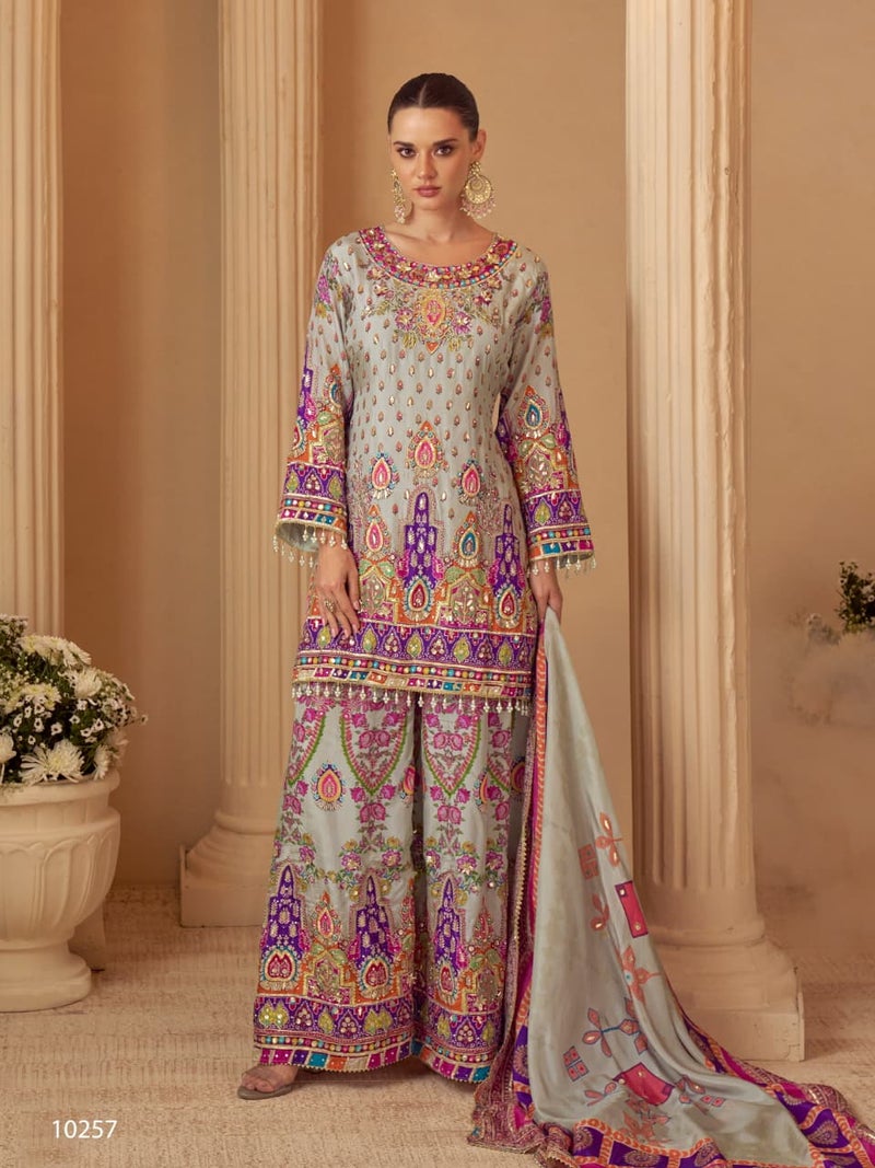 ANAITA Blue Crep Silk Free Size Stitched Suit with Digitak Print & Aari Work - Image 1