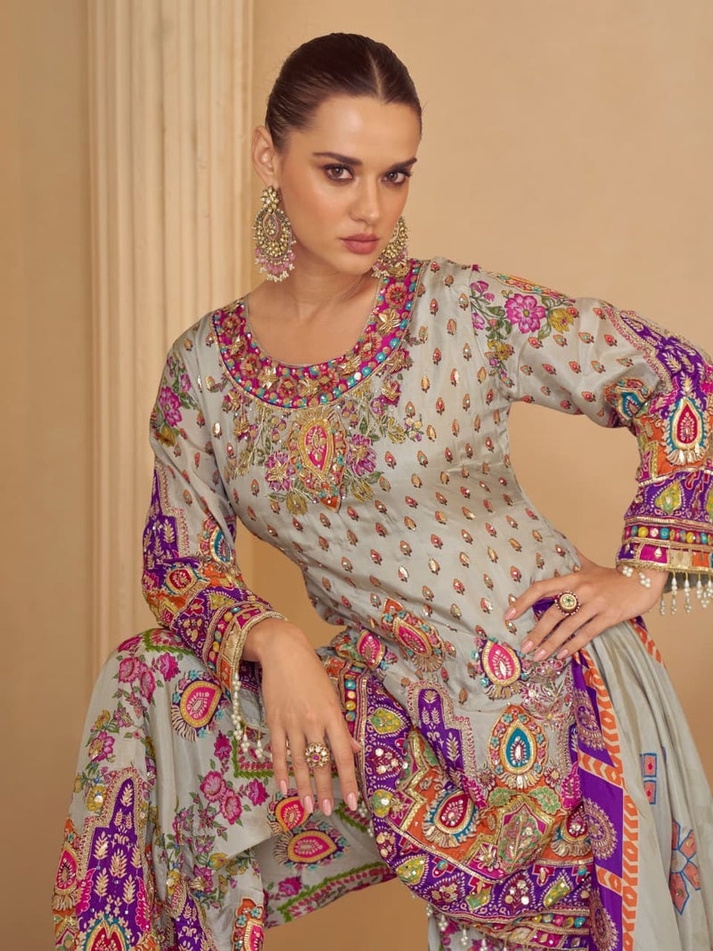ANAITA Blue Crep Silk Free Size Stitched Suit with Digitak Print & Aari Work - Image 2