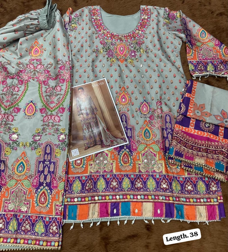 ANAITA Blue Crep Silk Free Size Stitched Suit with Digitak Print & Aari Work - Image 3