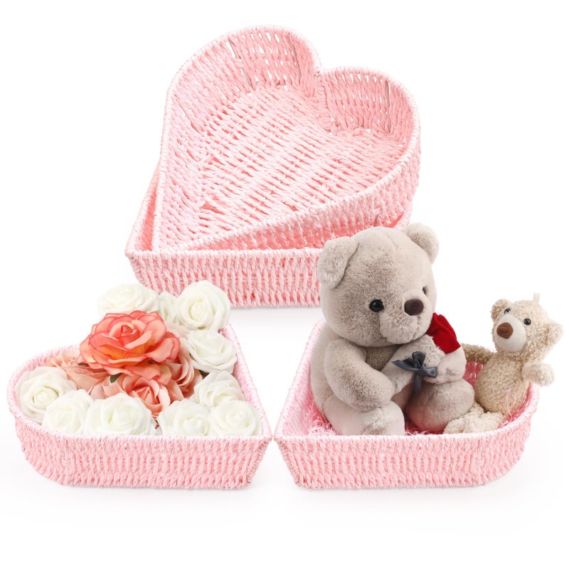 Layhit 4 Pcs Heart Baskets Woven Basket Pink Serving Platters Serving Trays Fruit Vegetables Bread Basket Heart Table Decorations Gift for Wedding Bridal Shower Birthday Baby Shower Slumber Sleepover Party - Image 1