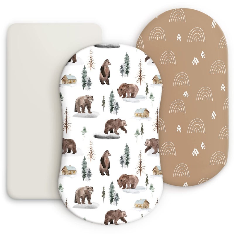 GRSSDER Stretchy Ultra Soft Fitted Bassinet Sheet Set 3 Pack Universal Fit for Bassinets Baby Cradle Moses Basket Oval Rectangle Mattress Safe and Snug Jungle BearRainbow for Baby