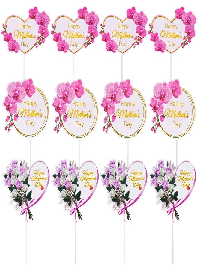 SUMERSHA 12 Pieces Happy Mother's Day Cake Toppers Flower Cupcake Topper for Mother's Day Birthday Cake Decoration Party Supplies, 3 Styles - Image 1