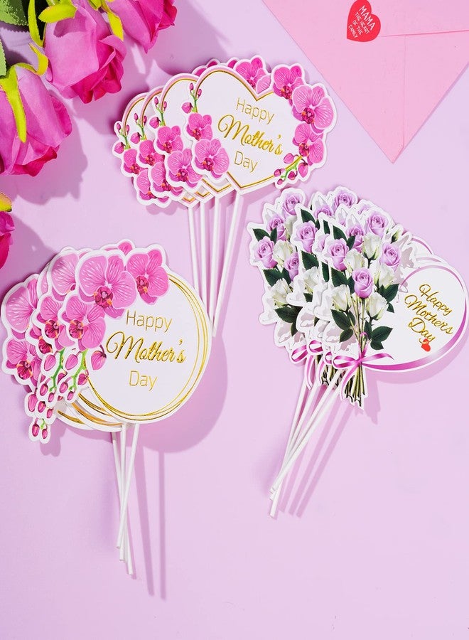 SUMERSHA 12 Pieces Happy Mother's Day Cake Toppers Flower Cupcake Topper for Mother's Day Birthday Cake Decoration Party Supplies, 3 Styles - Image 4