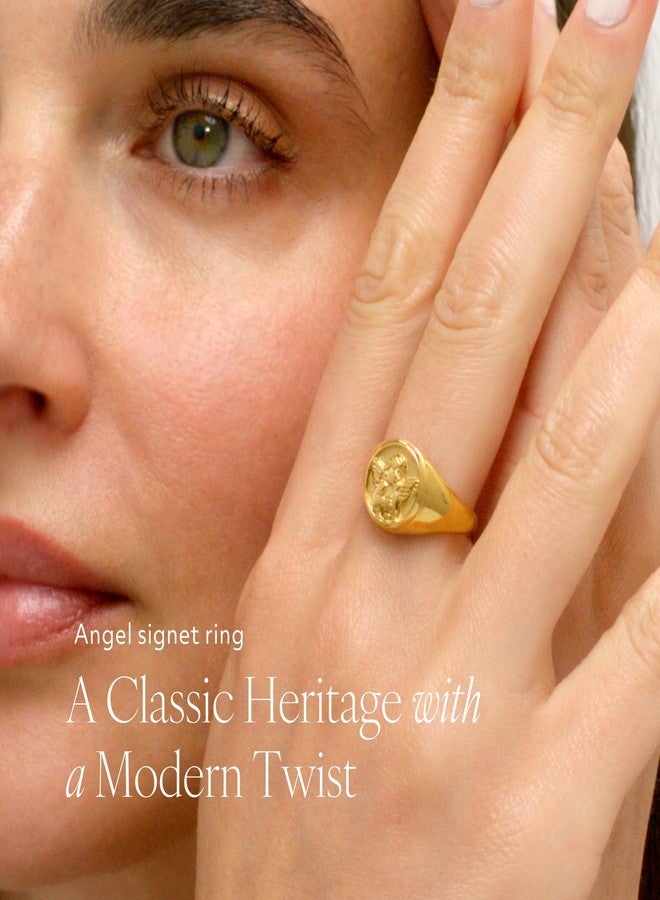 بينيك خواتم بينيك النسائية - خاتم الملاك الحارس، خاتم ملاك صغير، خاتم ضخم مطلي بالذهب عيار 18 قيراط من الفولاذ المقاوم للصدأ، جودة ممتازة، مقاسات 6، 7، 8، 9 (خاتم الملاك/7) - Image 2