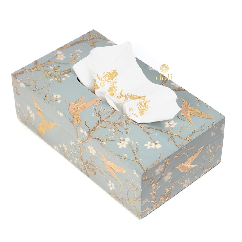 DULI صندوق مناديل مزخرف يدويًا من DULI للطاولة في MDF (23x14x8 سم) حوامل مناديل ورقية لطاولة الطعام صندوق مناديل فاخرة لمكتب العمل (TissueBox-SilverBirds) - Image 2