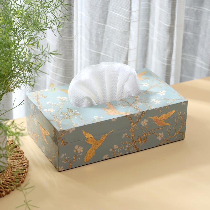 DULI صندوق مناديل مزخرف يدويًا من DULI للطاولة في MDF (23x14x8 سم) حوامل مناديل ورقية لطاولة الطعام صندوق مناديل فاخرة لمكتب العمل (TissueBox-SilverBirds) - Image 1