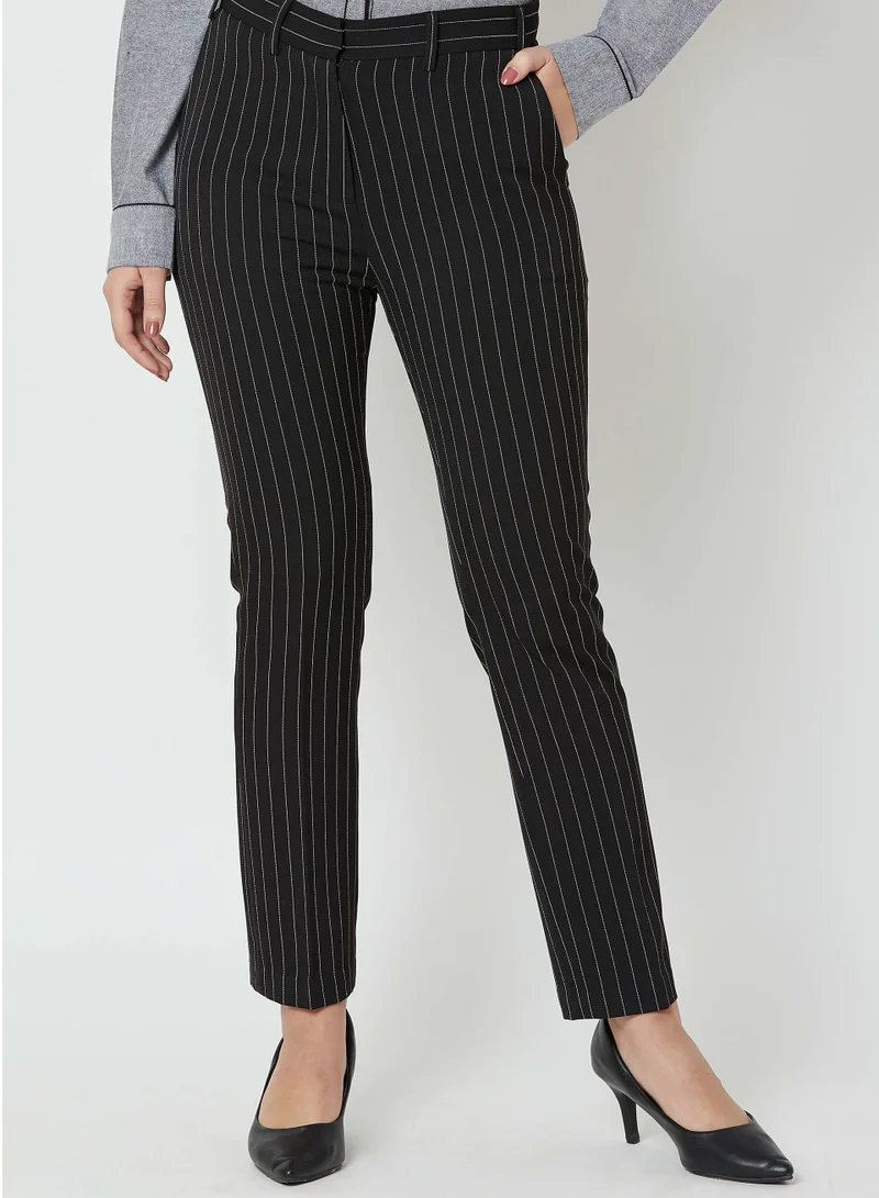 Salt Attire Women's Obsidian Slim Fit High-Rise Boardroom Pants with Subtle Stripe Fabric, Side Slant Pockets, and Hook Closure Perfect Work Trousers for a Smart and Stylish Look