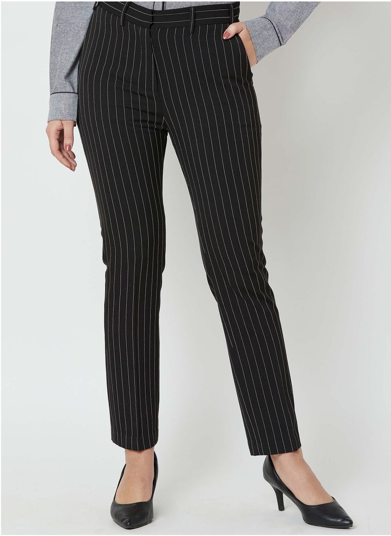 Salt Attire Women's Obsidian Slim Fit High-Rise Boardroom Pants with Subtle Stripe Fabric, Side Slant Pockets, and Hook Closure Perfect Work Trousers for a Smart and Stylish Look  - Image 1