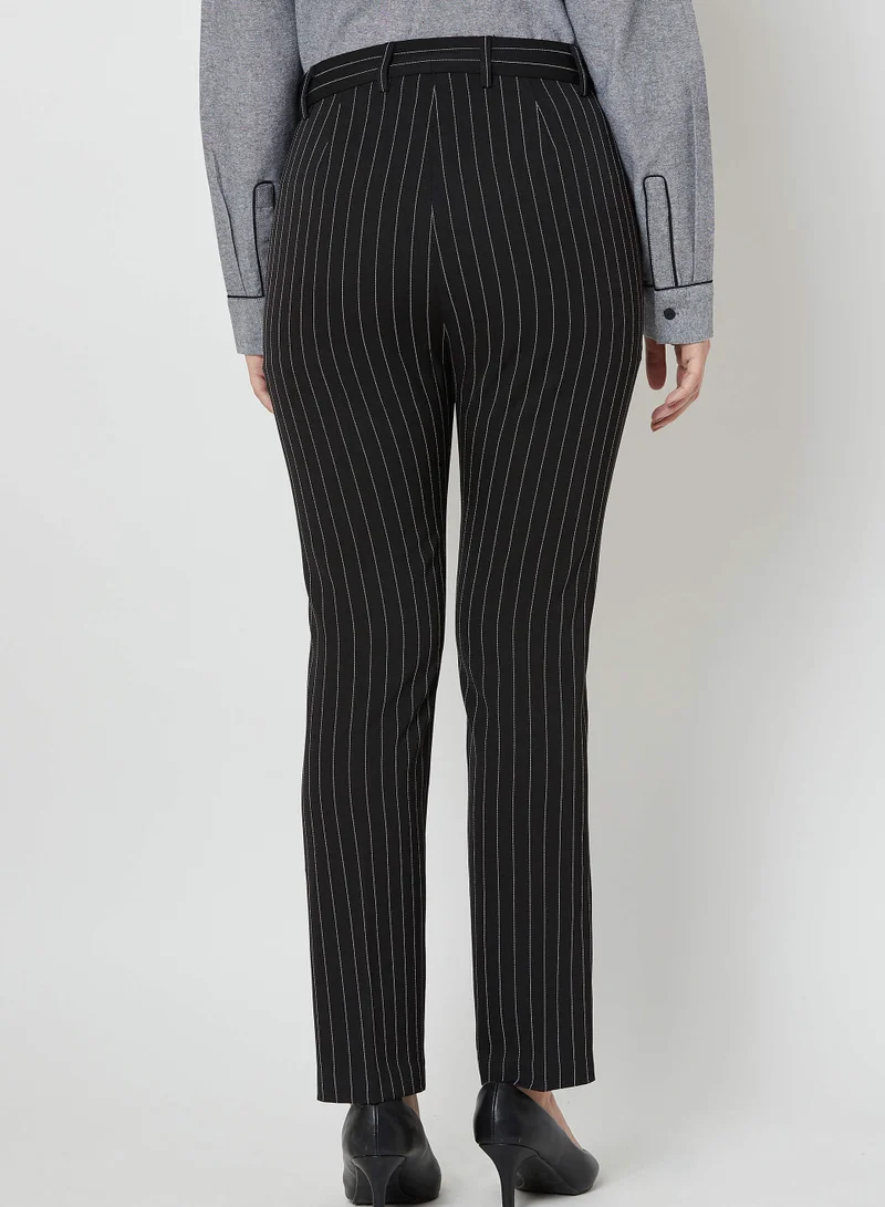 Salt Attire Women's Obsidian Slim Fit High-Rise Boardroom Pants with Subtle Stripe Fabric, Side Slant Pockets, and Hook Closure Perfect Work Trousers for a Smart and Stylish Look
