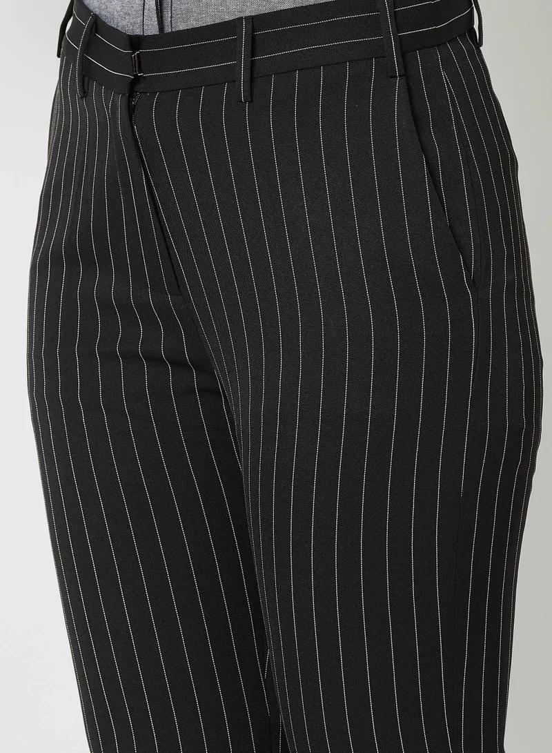 Salt Attire Women's Obsidian Slim Fit High-Rise Boardroom Pants with Subtle Stripe Fabric, Side Slant Pockets, and Hook Closure Perfect Work Trousers for a Smart and Stylish Look