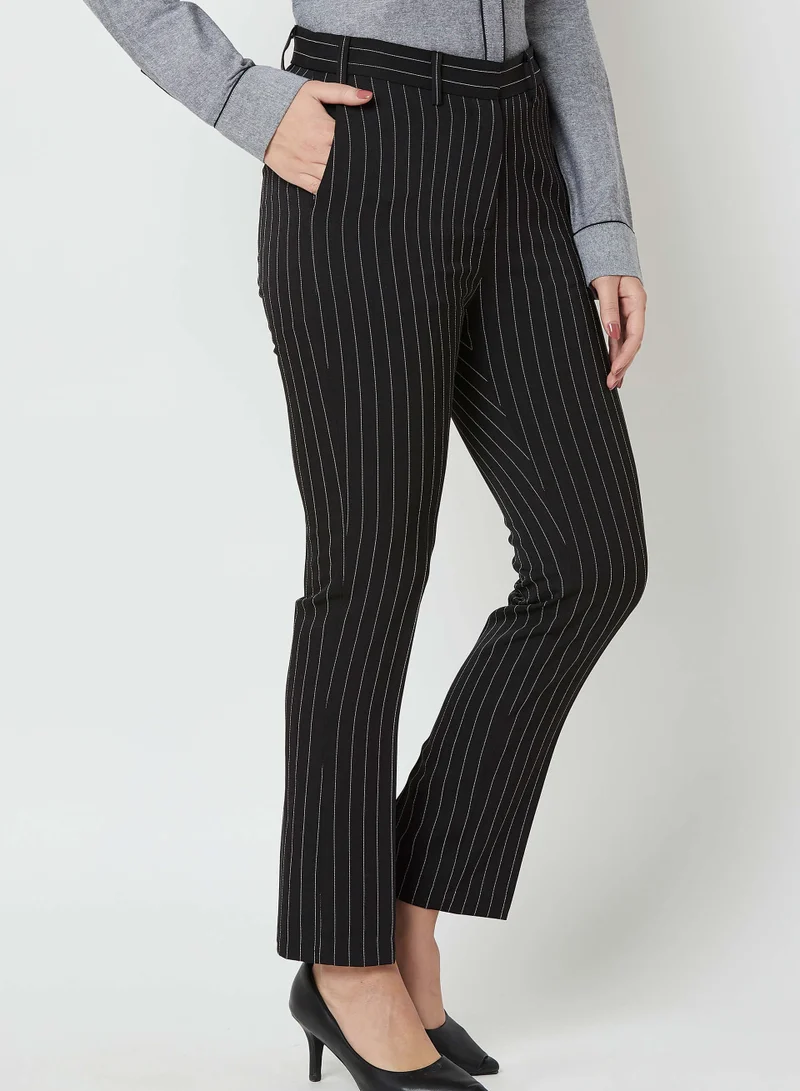 Salt Attire Women's Obsidian Slim Fit High-Rise Boardroom Pants with Subtle Stripe Fabric, Side Slant Pockets, and Hook Closure Perfect Work Trousers for a Smart and Stylish Look