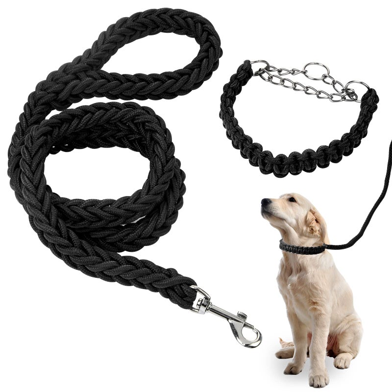 Dog Leash and Collar Set, Adjustable Nylon Rope Leash with Matching Collar for Small Dogs, Braided Training Lead for Walking and Everyday Use, Durable Pet Accessory Set in Classic Black
