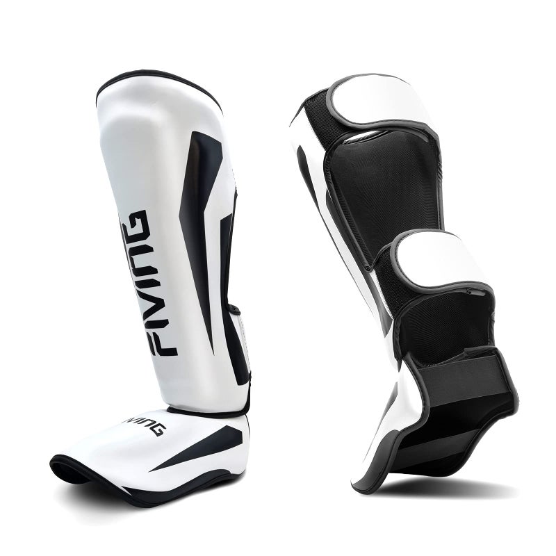 FIVING MMA Martial Arts Shin Guards â€“ Padded, Adjustable Muay Thai Leg Guards with Instep Protection for Kickboxing/MMA Training and Sparring â€“ Durable, Professional MMA Equipment (White, Small) - Image 1
